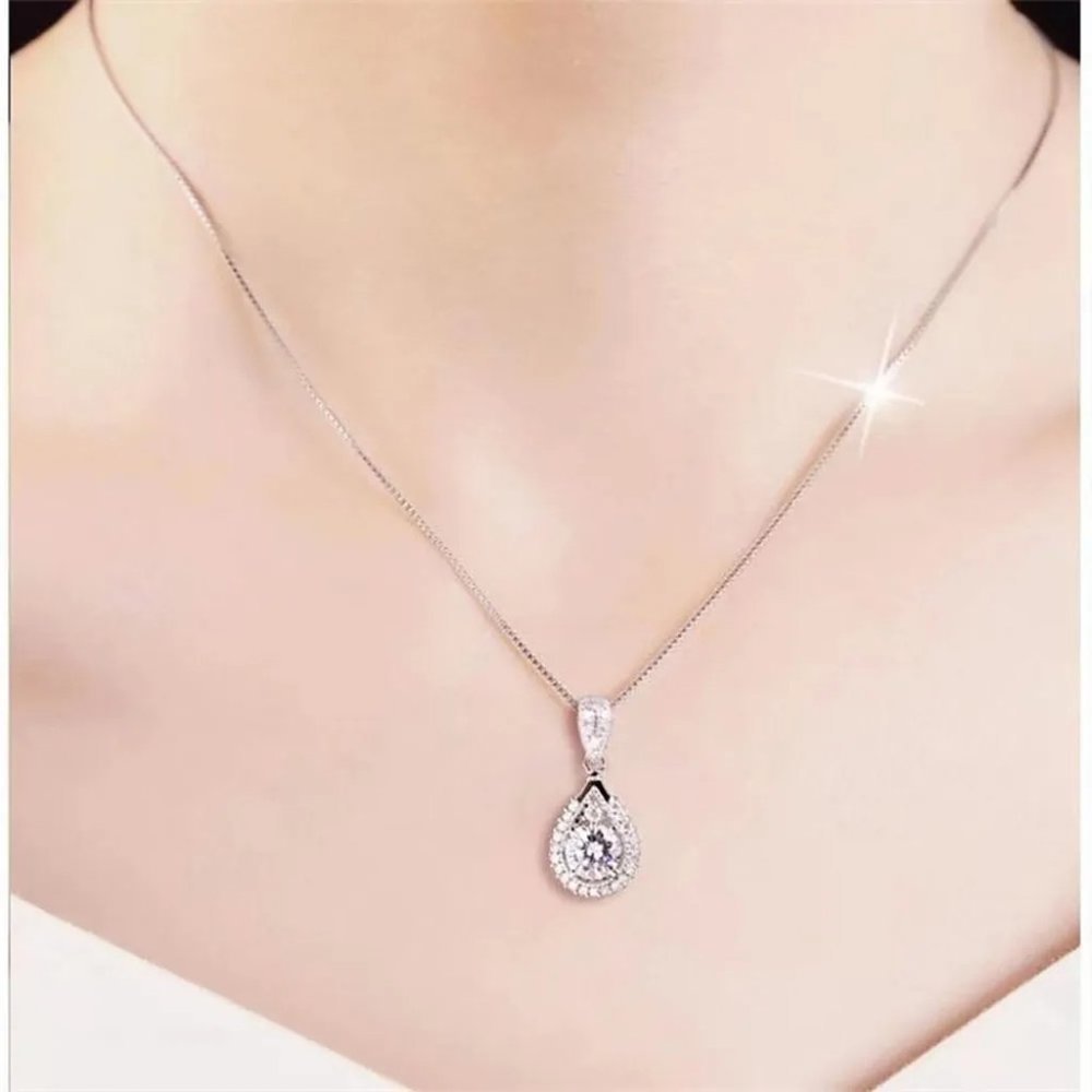 Certified 5ct. t.w. Moissanite Diamond Teardrop Halo Necklace NEW - Picture 8 of 13